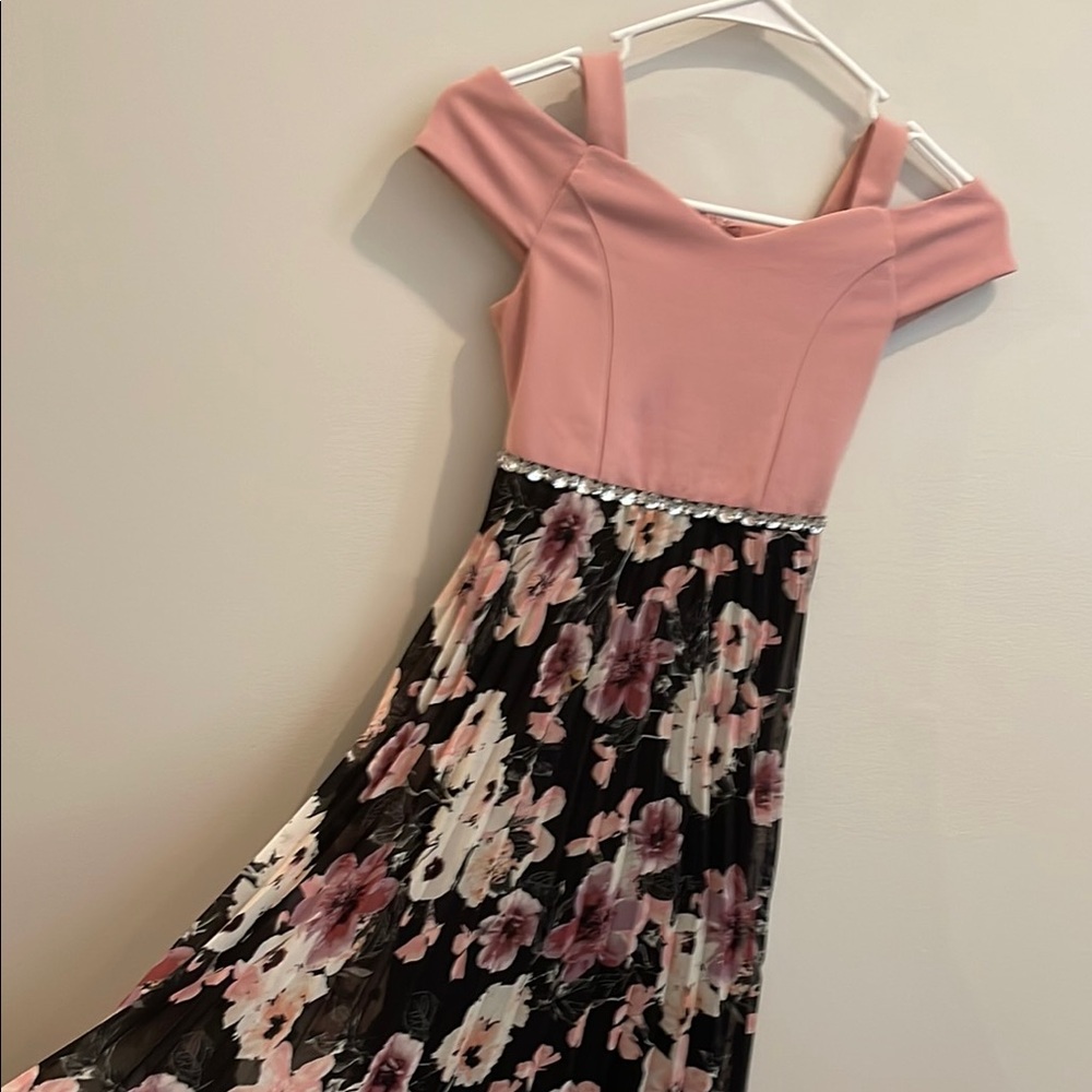 Pink and Black Pleated Off-Shoulder Midi Dress